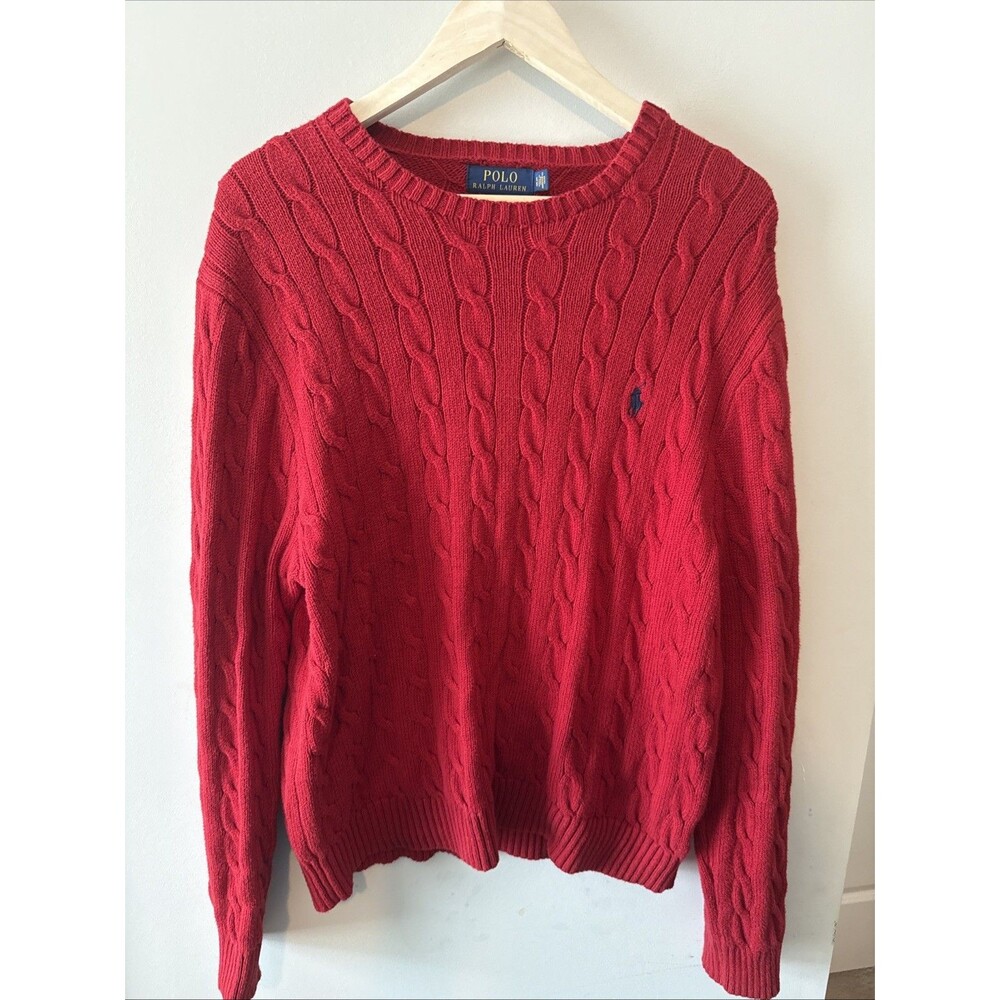 Polo Ralph Lauren Chunky Cable Knit Sweater Mens XL Red W/ Blue Pony Preppy
